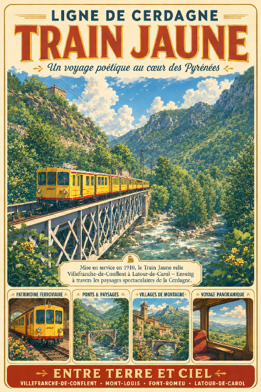 Affiche illustrée Ligne de Cerdagne – Train Jaune dans un style ghibli