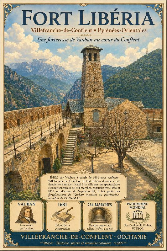 Affiche illustrée Fort Libéria dans un style ghibli