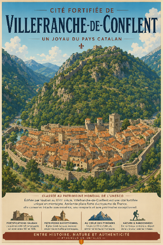 Affiche illustrée Cité fortifiée de Villefranche-de-Conflent dans un style ghibli