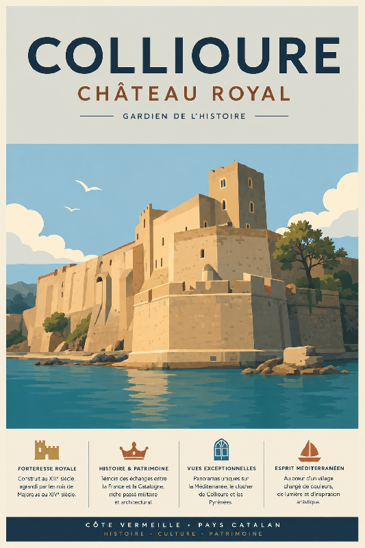 Affiche illustrée du Château royal de Collioure dans un style moderne simplifie
