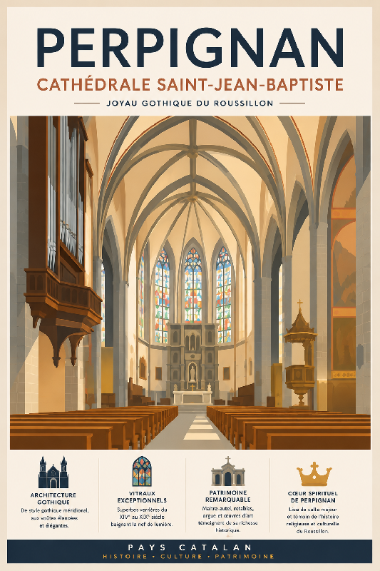 Affiche illustrée de la Cathédrale Saint-Jean-Baptiste de Perpignan dans un style moderne simplifie