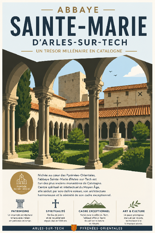 Affiche illustrée Abbaye Sainte-Marie d'Arles-sur-Tech dans un style moderne simplifie