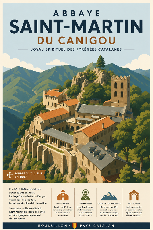 Affiche illustrée de Abbaye Saint-Martin du Canigou dans un style moderne simplifie
