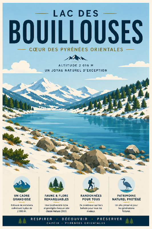Affiche illustrée Lac des Bouillouses dans un style moderne simplifie