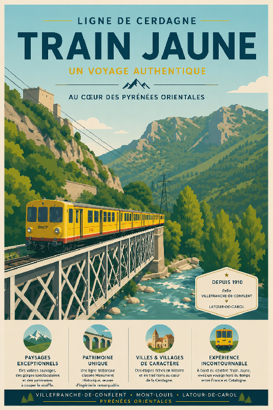 Affiche illustrée Ligne de Cerdagne – Train Jaune dans un style moderne simplifie