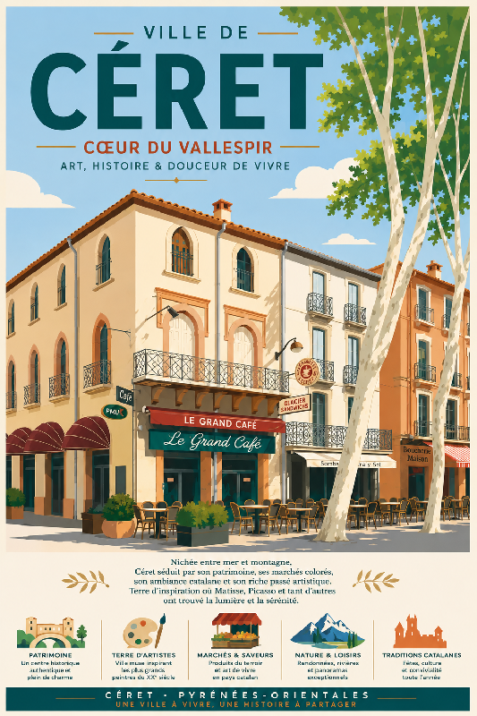 Affiche illustrée Ville de Céret dans un style moderne simplifie