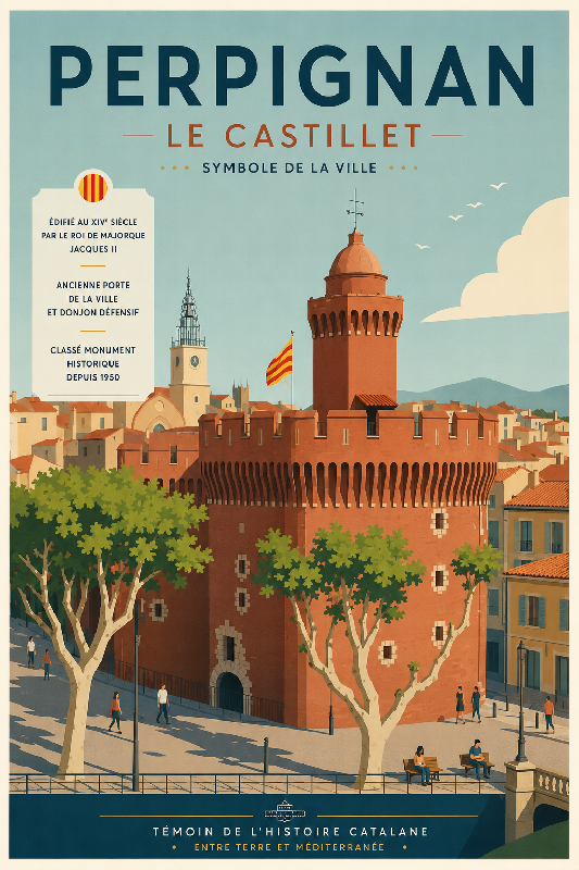 Affiche illustrée du Castillet de Perpignan dans un style moderne simplifie
