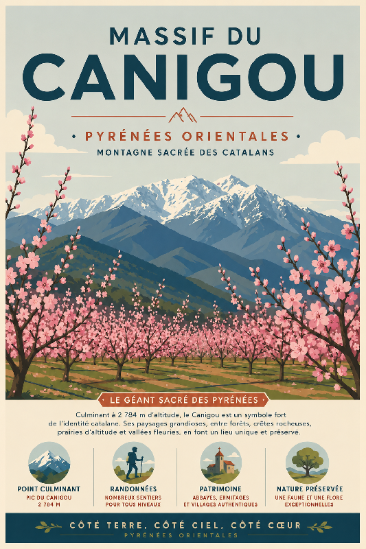 Affiche illustrée du Massif du Canigou dans un style moderne simplifie