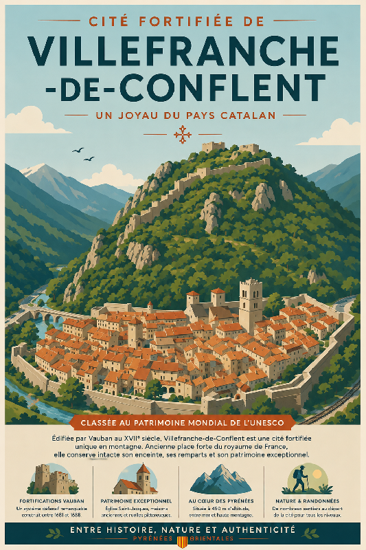 Affiche illustrée Cité fortifiée de Villefranche-de-Conflent dans un style moderne simplifie