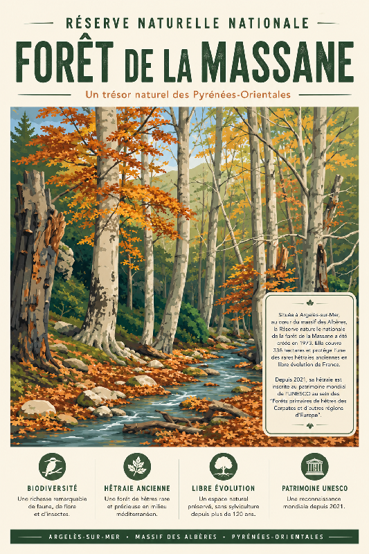 Affiche illustrée Réserve naturelle nationale de la forêt de la Massane dans un style moderne simplifie