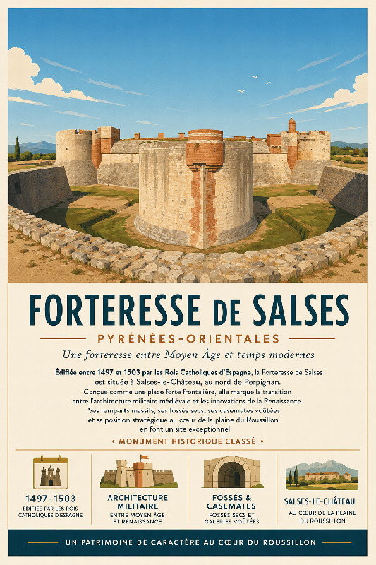 Affiche illustrée Forteresse de Salses dans un style moderne simplifie