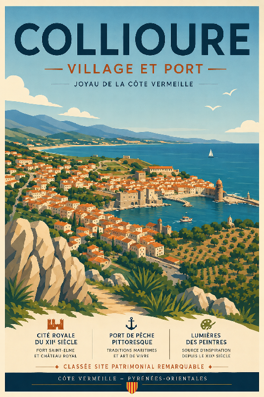 Affiche illustrée du Village et port de Collioure dans un style moderne simplifie