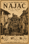 Affiche illustrée Village médiéval de Najac dans un style ancien sépia