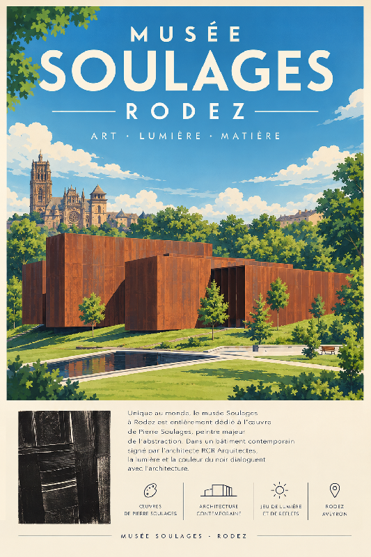 Affiche illustrée Musée Soulages dans un style ghibli 2