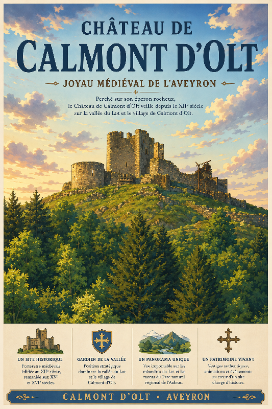 Affiche illustrée Château de Calmont d'Olt dans un style ghibli