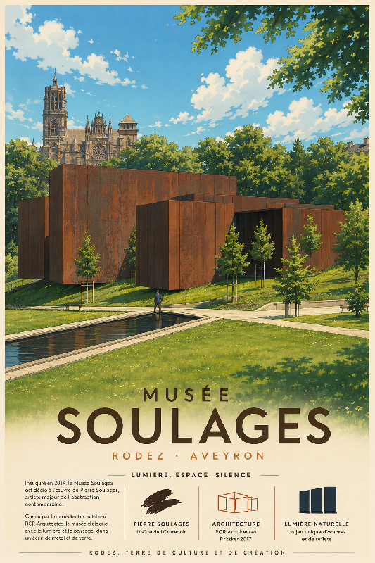 Affiche illustrée Musée Soulages dans un style ghibli