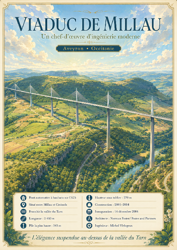 Affiche illustrée du viaduc de Milhau dans un style ghibli