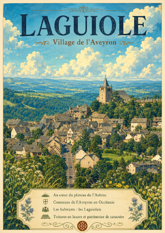 Affiche illustrée Village de Laguiole dans un style ghibli