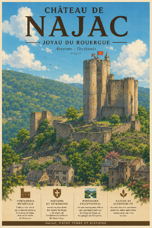 Affiche illustrée Forteresse de Najac dans un style ghibli