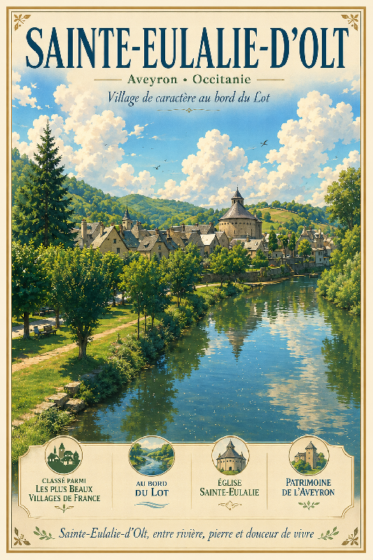 Affiche illustrée Village de Sainte-Eulalie-d'Olt dans un style ghibli