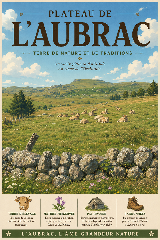 Affiche illustrée Plateau de l'Aubrac dans un style ghibli