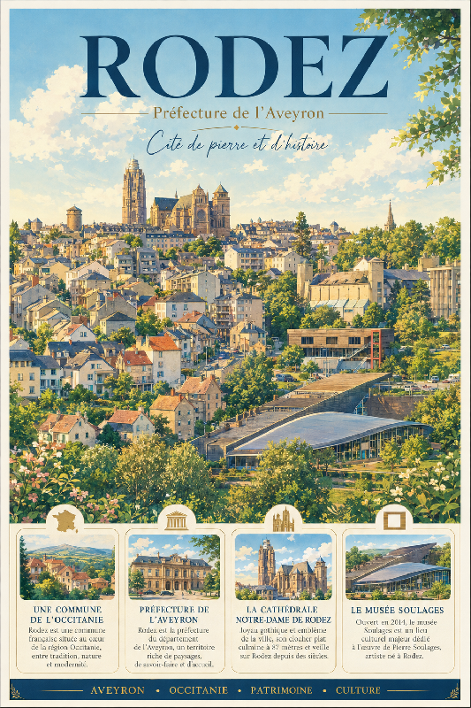 Affiche illustrée ville de Rodez dans un style ghibli