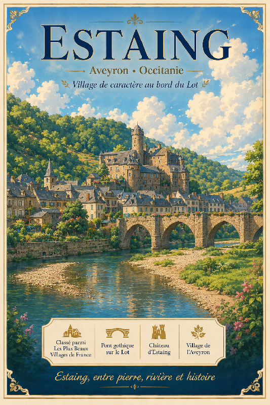 Affiche illustrée Village d'Estaing dans un style ghibli