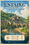Affiche illustrée Village d'Estaing dans un style ghibli
