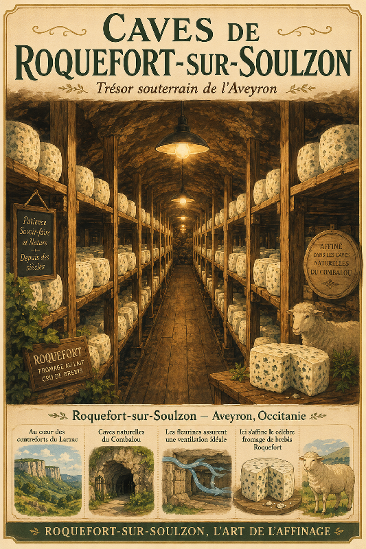 Affiche illustrée Caves de Roquefort-sur-Soulzon dans un style ghibli