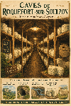 Affiche illustrée Caves de Roquefort-sur-Soulzon dans un style ghibli