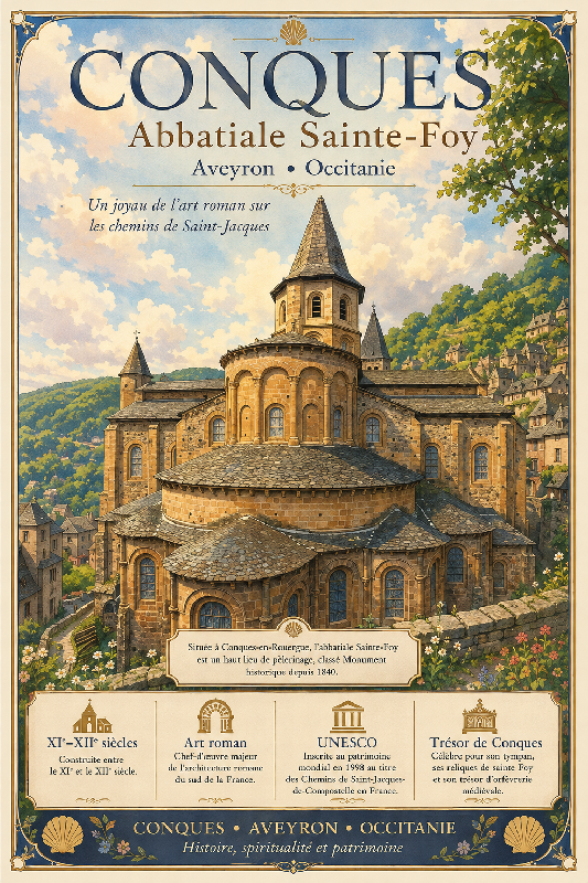 Affiche illustrée Abbatiale Sainte-Foy de Conques dans un style ghibli