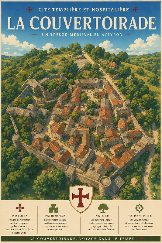 Affiche illustrée Cité templière et hospitalière de La Couvertoirade dans un style ghibli