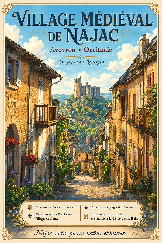 Affiche illustrée Village médiéval de Najac dans un style ghibli