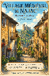 Affiche illustrée Village médiéval de Najac dans un style ghibli