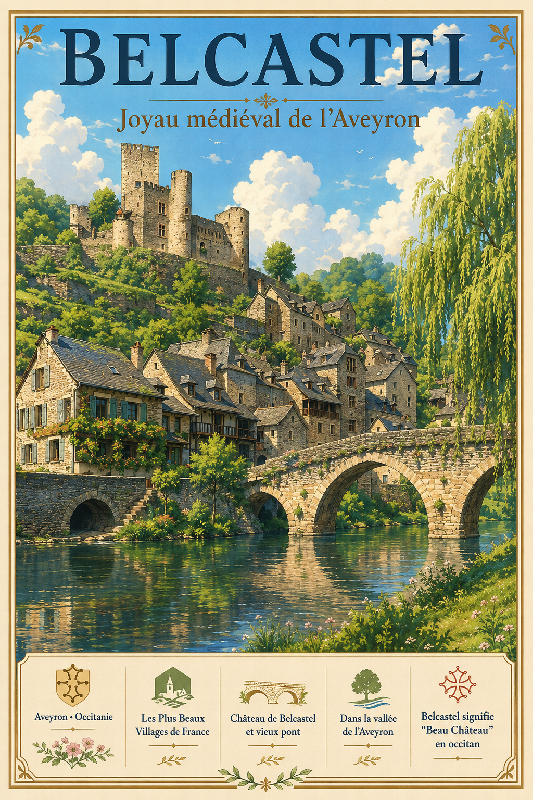 Affiche illustrée Village de Belcastel dans un style ghibli