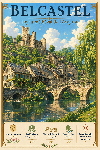 Affiche illustrée Village de Belcastel dans un style ghibli