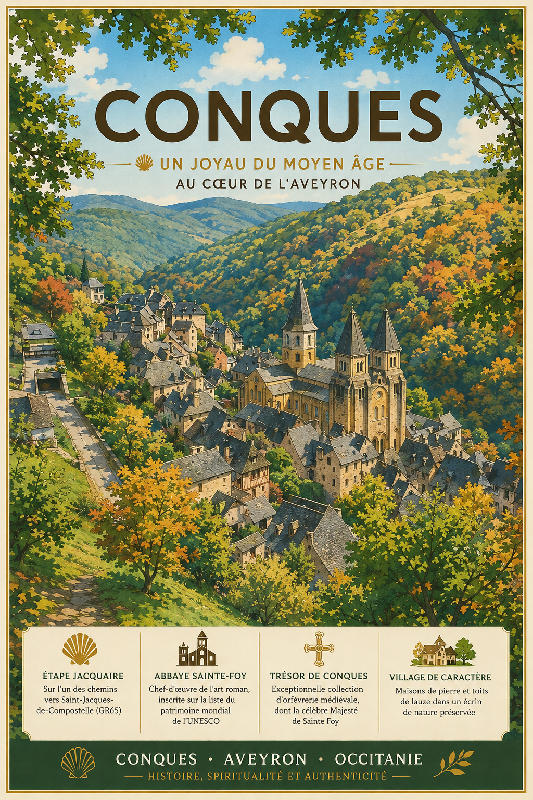 Affiche illustrée du village de Conques dans un style ghibli