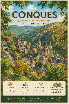 Affiche illustrée du village de Conques dans un style ghibli