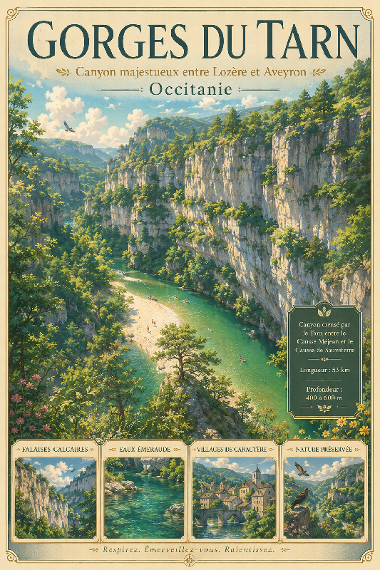 Affiche illustrée Gorges du Tarn dans un style ghibli