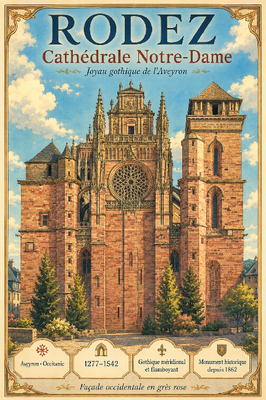 Affiche illustrée Cathédrale Notre-Dame de Rodez dans un style ghibli