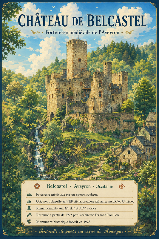 Affiche illustrée Château de Belcastel dans un style ghibli