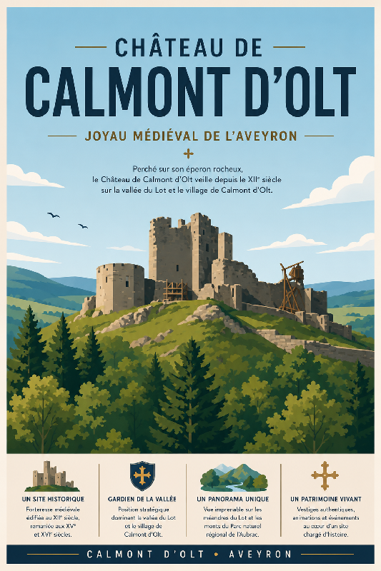 Affiche illustrée Château de Calmont d'Olt dans un style moderne simplifié