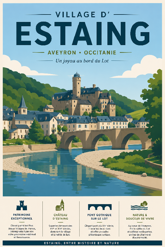 Affiche illustrée Village d'Estaing dans un style moderne simplifié