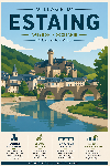 Affiche illustrée Village d'Estaing dans un style moderne simplifié