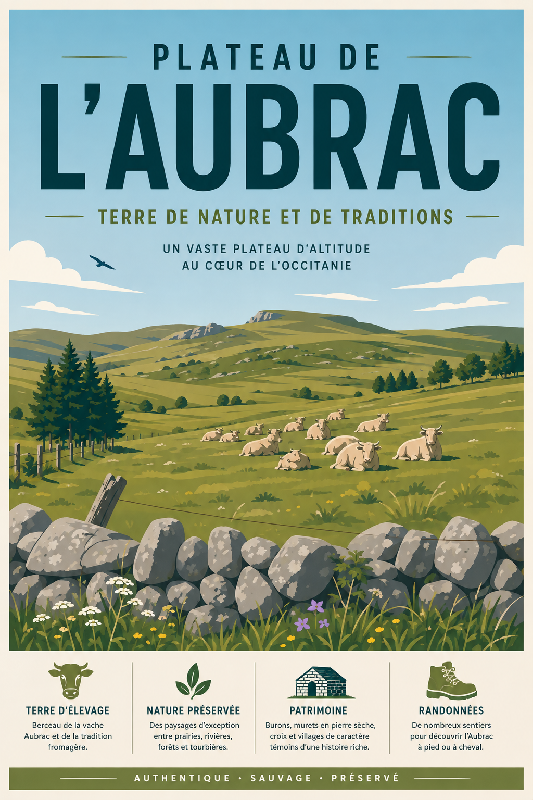 Affiche illustrée Plateau de l'Aubrac dans un style moderne simplifié