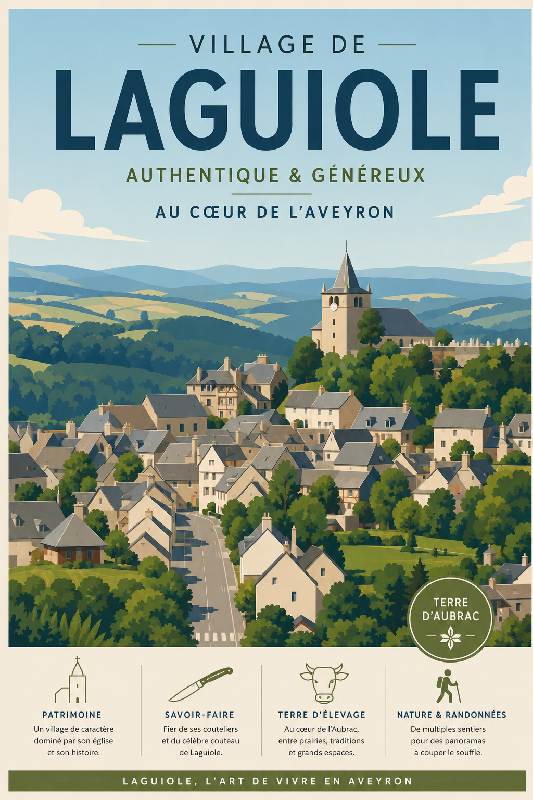 Affiche illustrée Village de Laguiole dans un style moderne simplifié