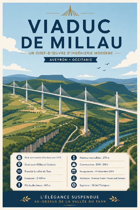 Affiche illustrée du viaduc de Milhau dans un style moderne simplifié