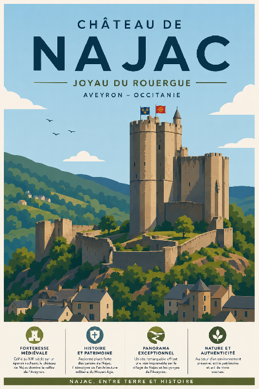 Affiche illustrée Forteresse de Najac dans un style moderne simplifié