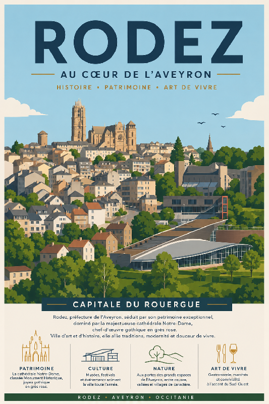 Affiche illustrée ville de Rodez dans un style moderne simplifié