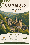 Affiche illustrée du village de Conques dans un style moderne simplifié